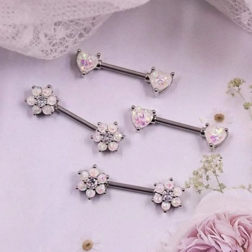 14G 316L Opal Flower and Heart Cubic Zirconia Nipple Rings - 2 Sets
